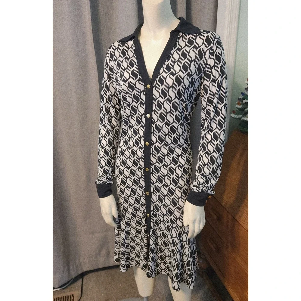 Michael Kors‎ Long Sleeve Navy Blue White Geometric Gold Button Up Midi Dress S